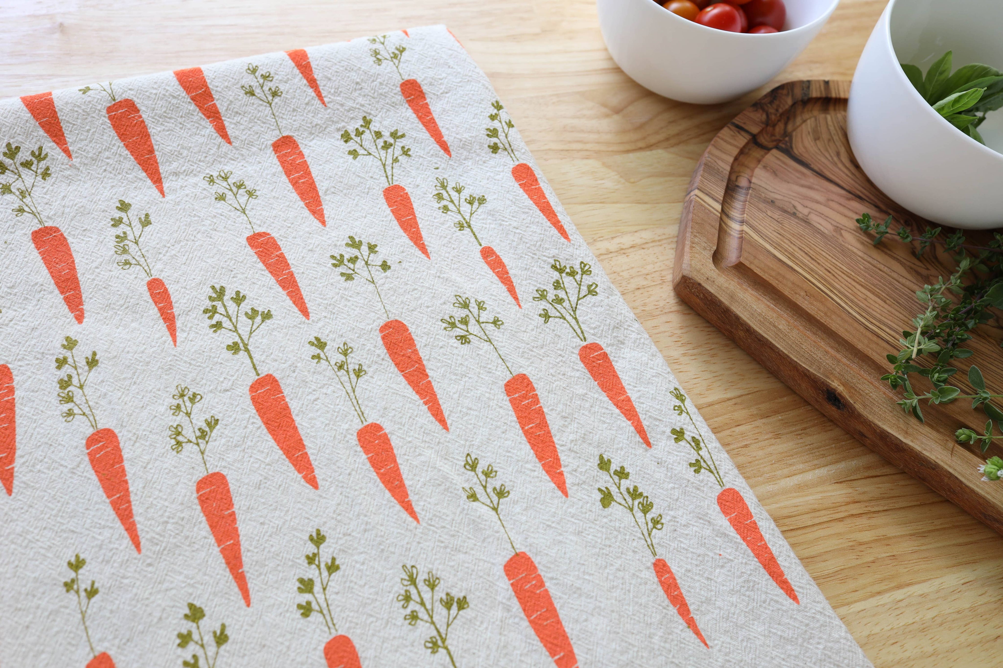 Carrot Kitchen Towel, Handprinted Garden Tea Towel