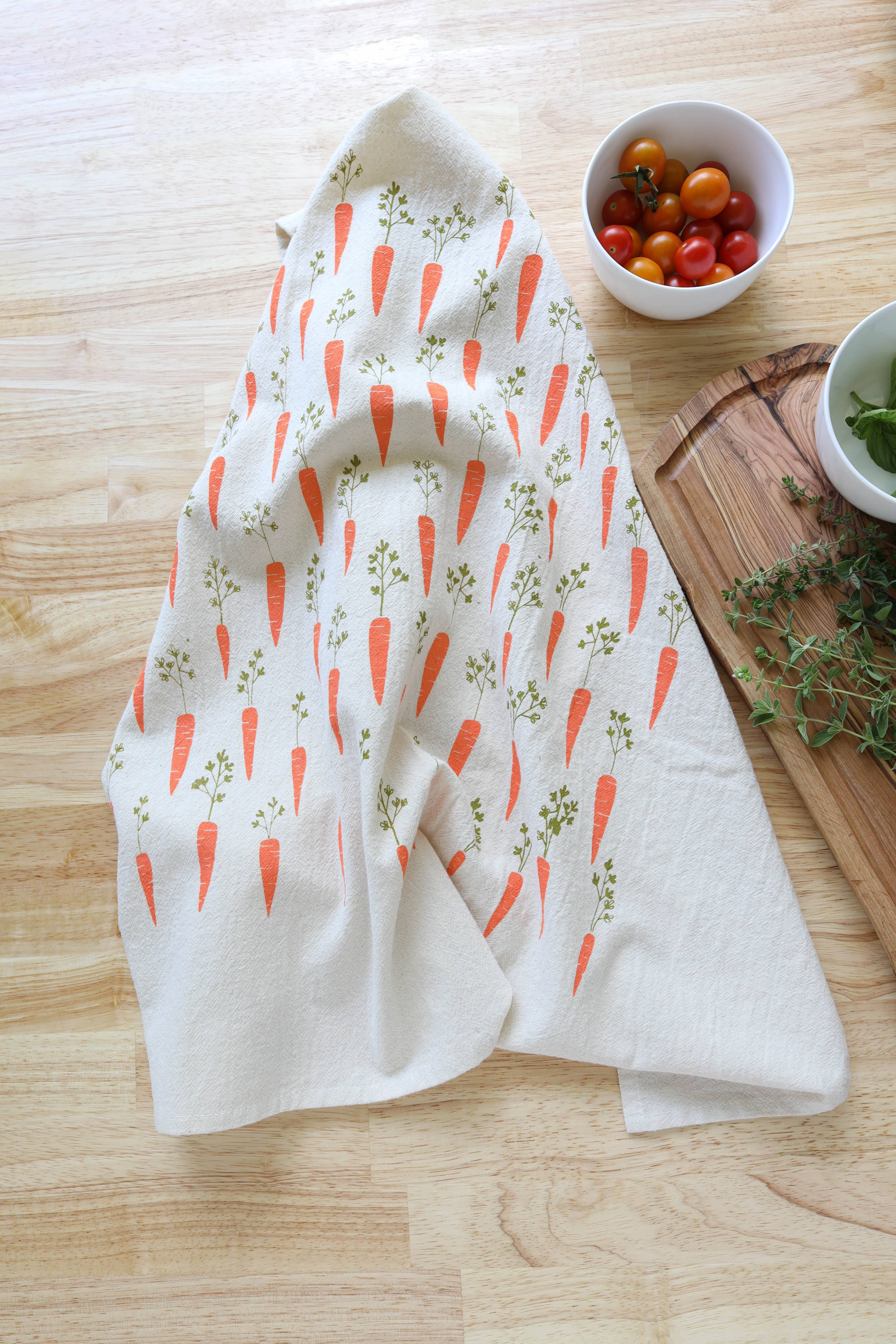 Carrot Kitchen Towel, Handprinted Garden Tea Towel
