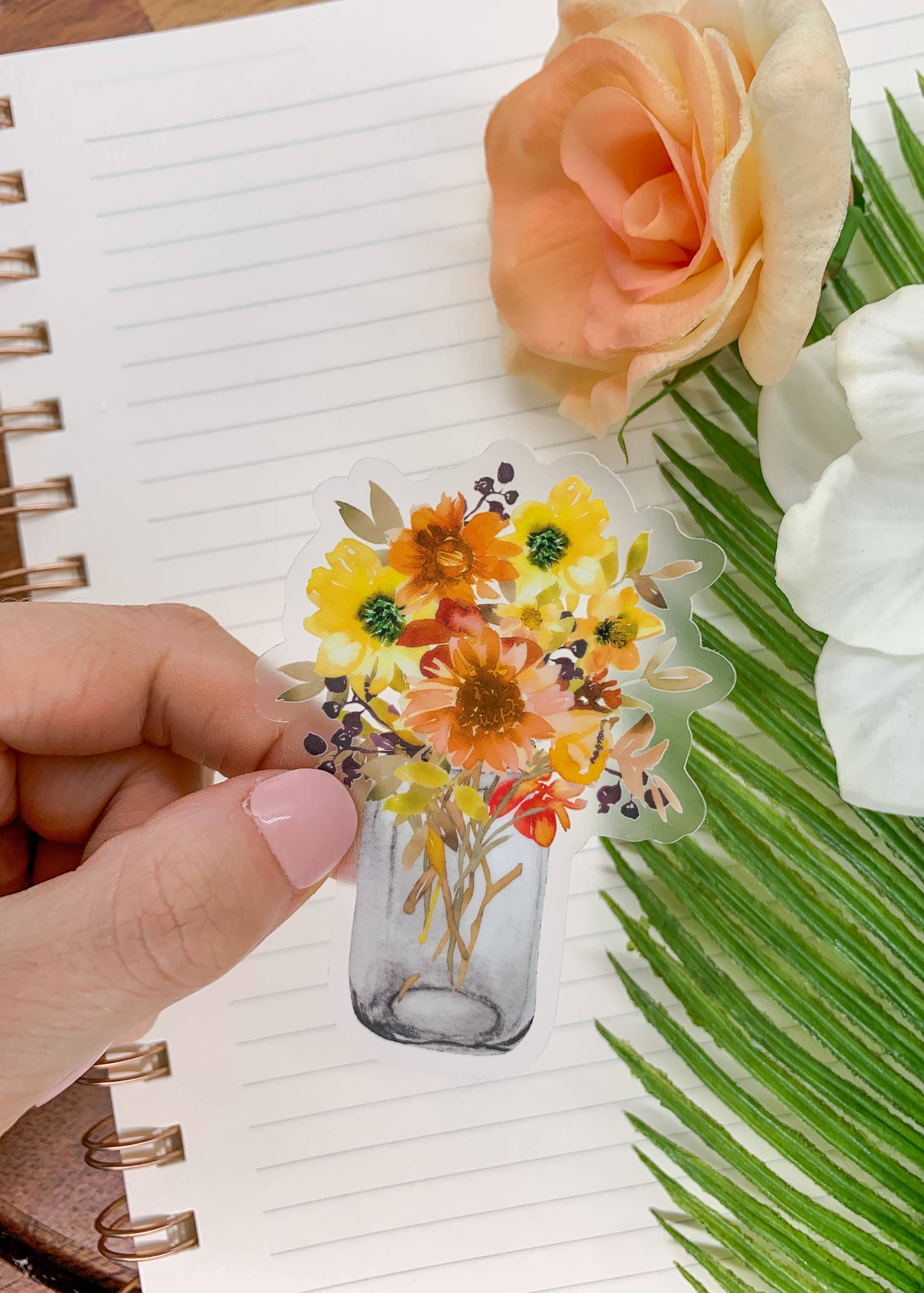 Yellow Floral Mason Jar, Clear Vinyl, Sticker, 3x3 inch