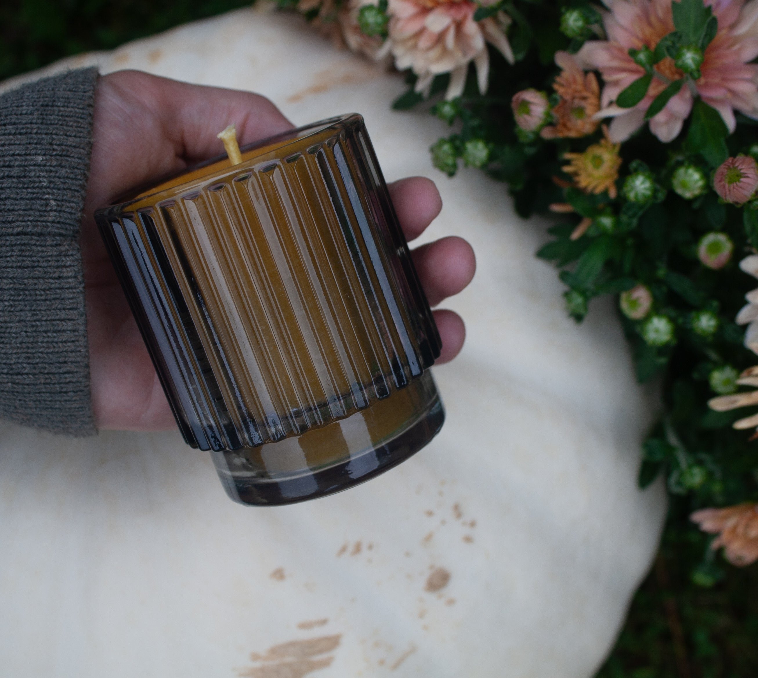 Smokey gray ribbed candle