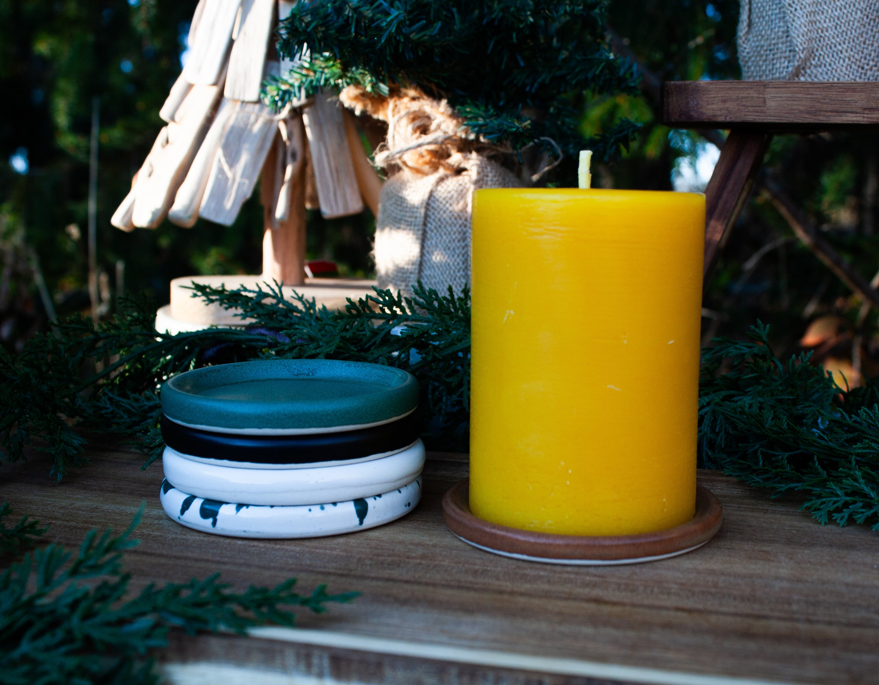 Wide pillar candle and pottery saucer bundle