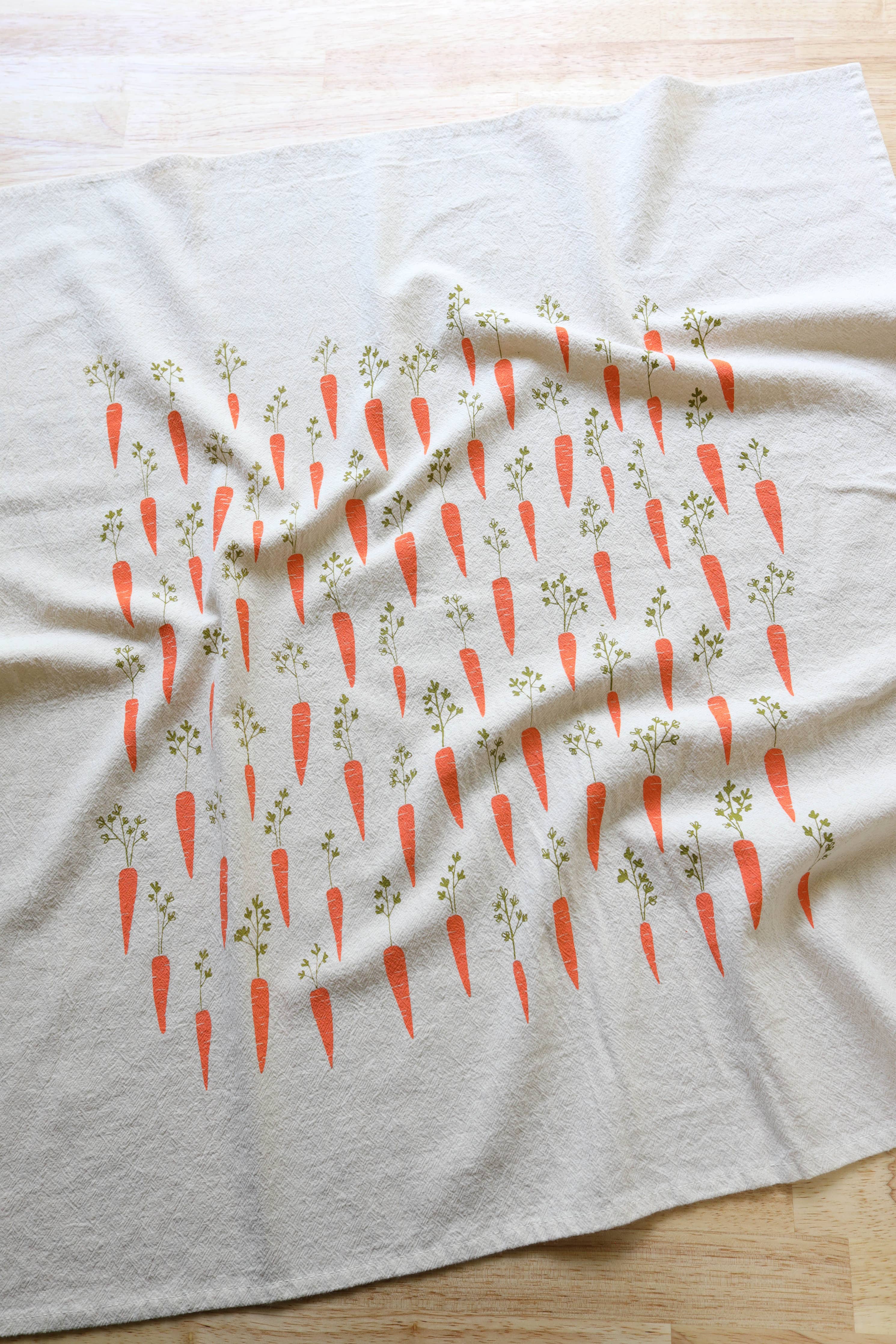Carrot Kitchen Towel, Handprinted Garden Tea Towel
