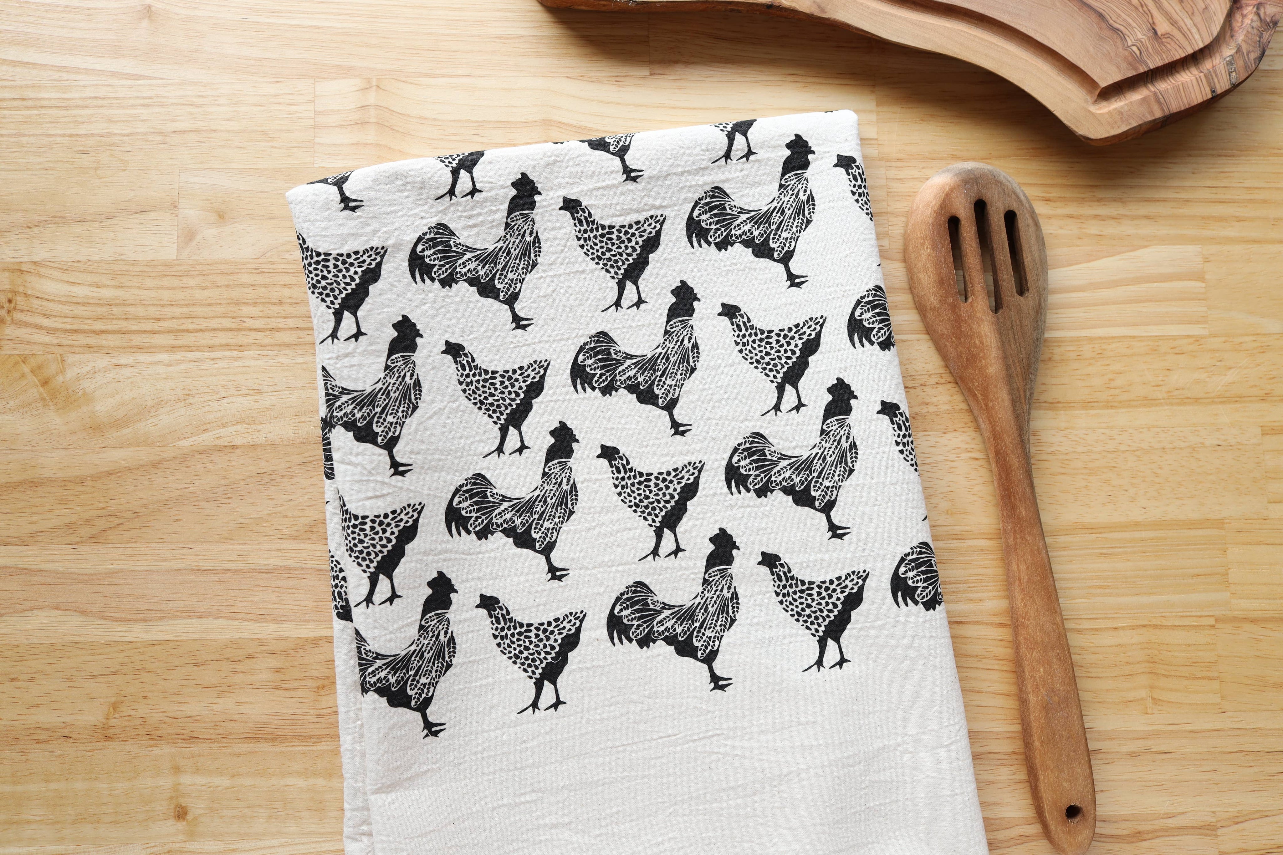 Chicken Kitchen Towel, Handprinted Chicken Tea Towel 