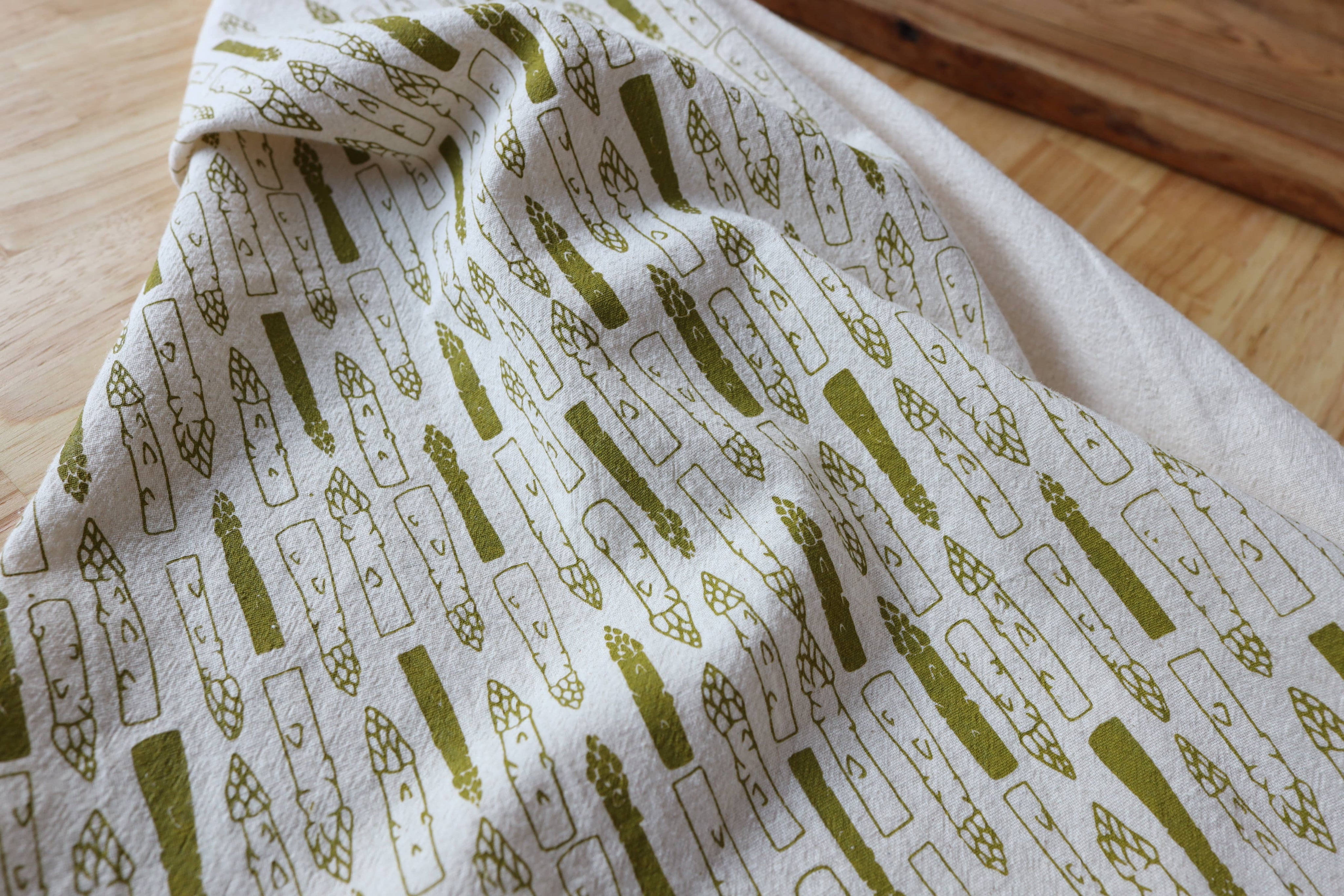 Asparagus Cotton Kitchen Towel, Handprinted Tea Towel
