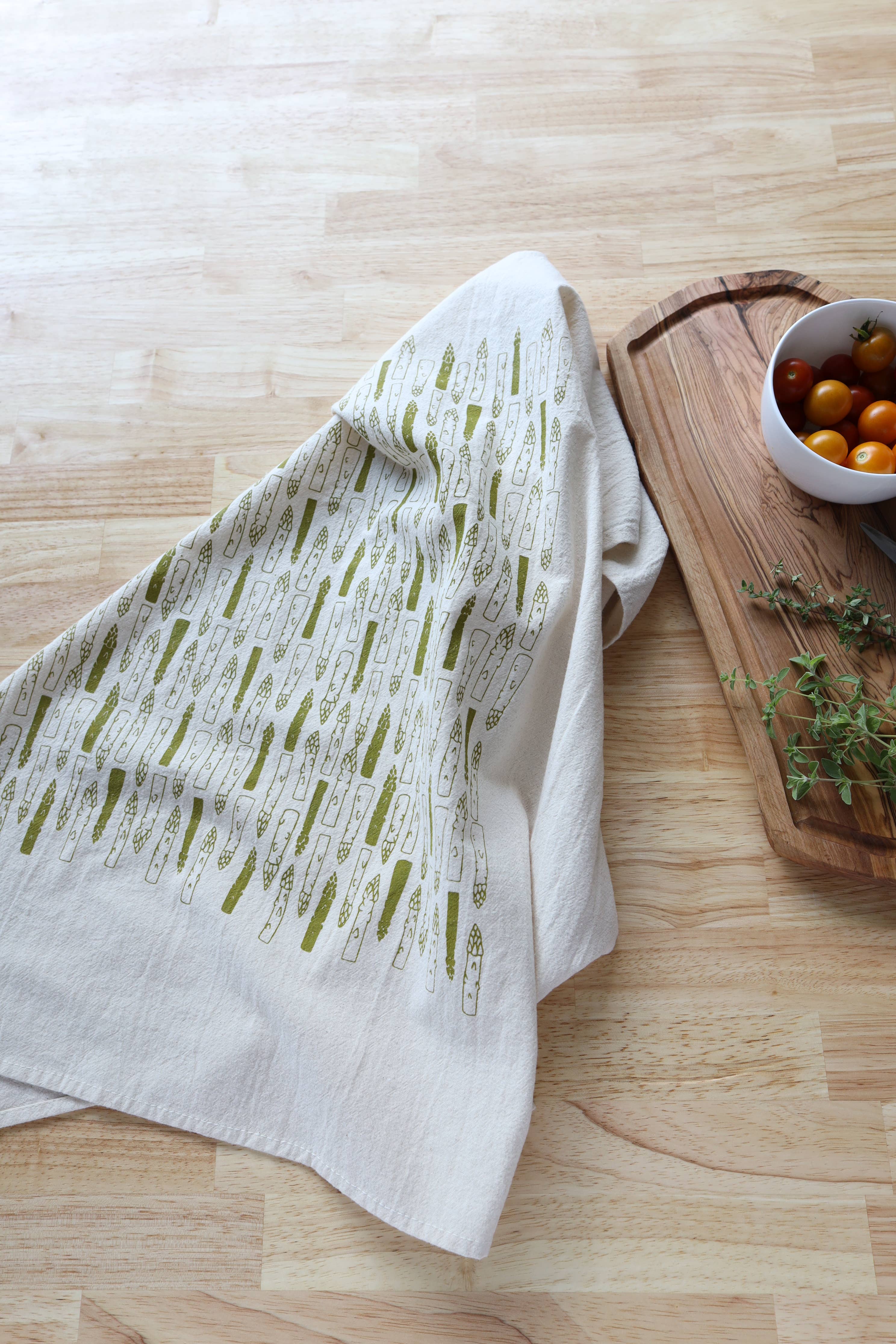 Asparagus Cotton Kitchen Towel, Handprinted Tea Towel