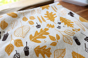 Autumn Leaves and Acorns Kitchen Towel, Handprinted 