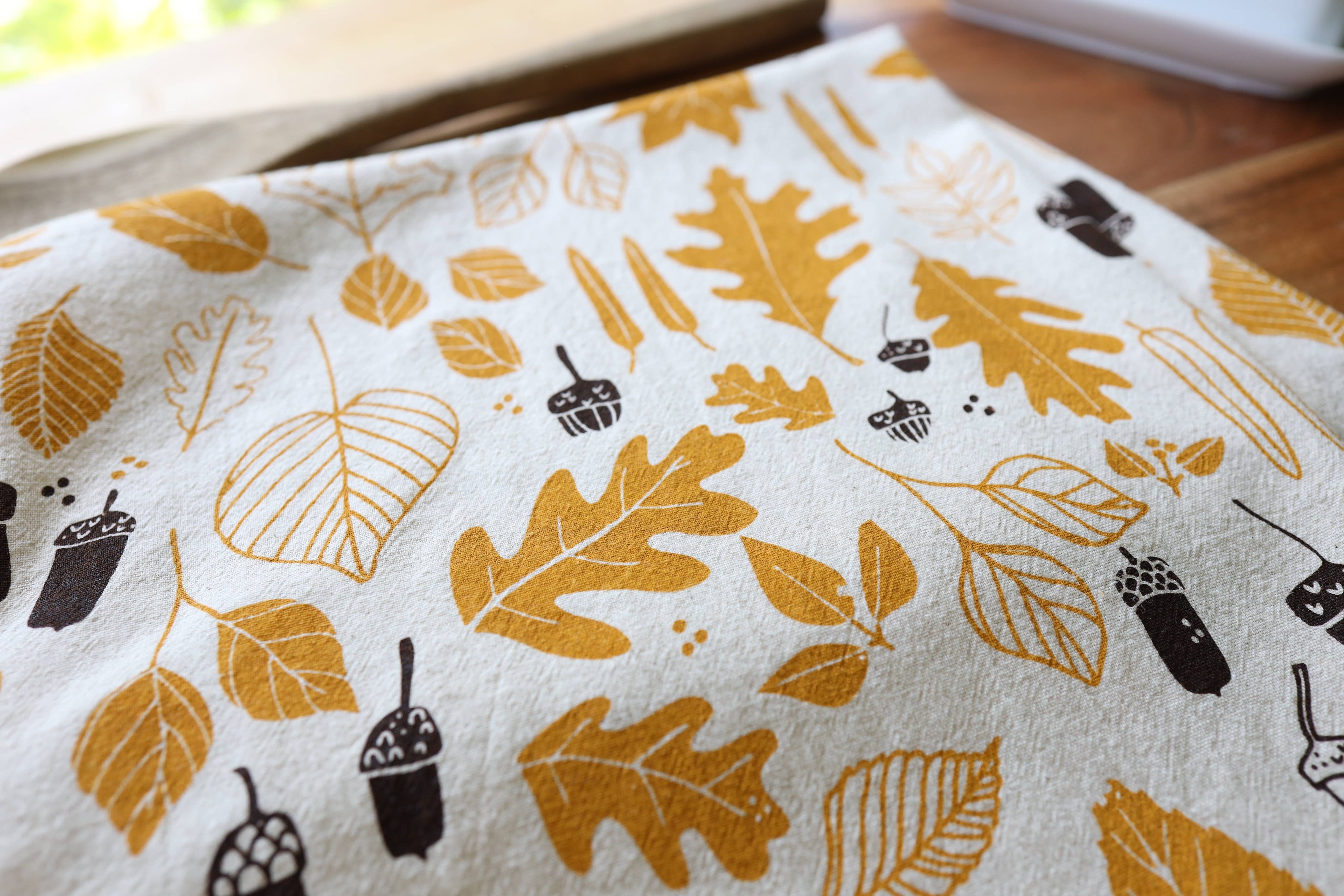 Autumn Leaves and Acorns Kitchen Towel, Handprinted 