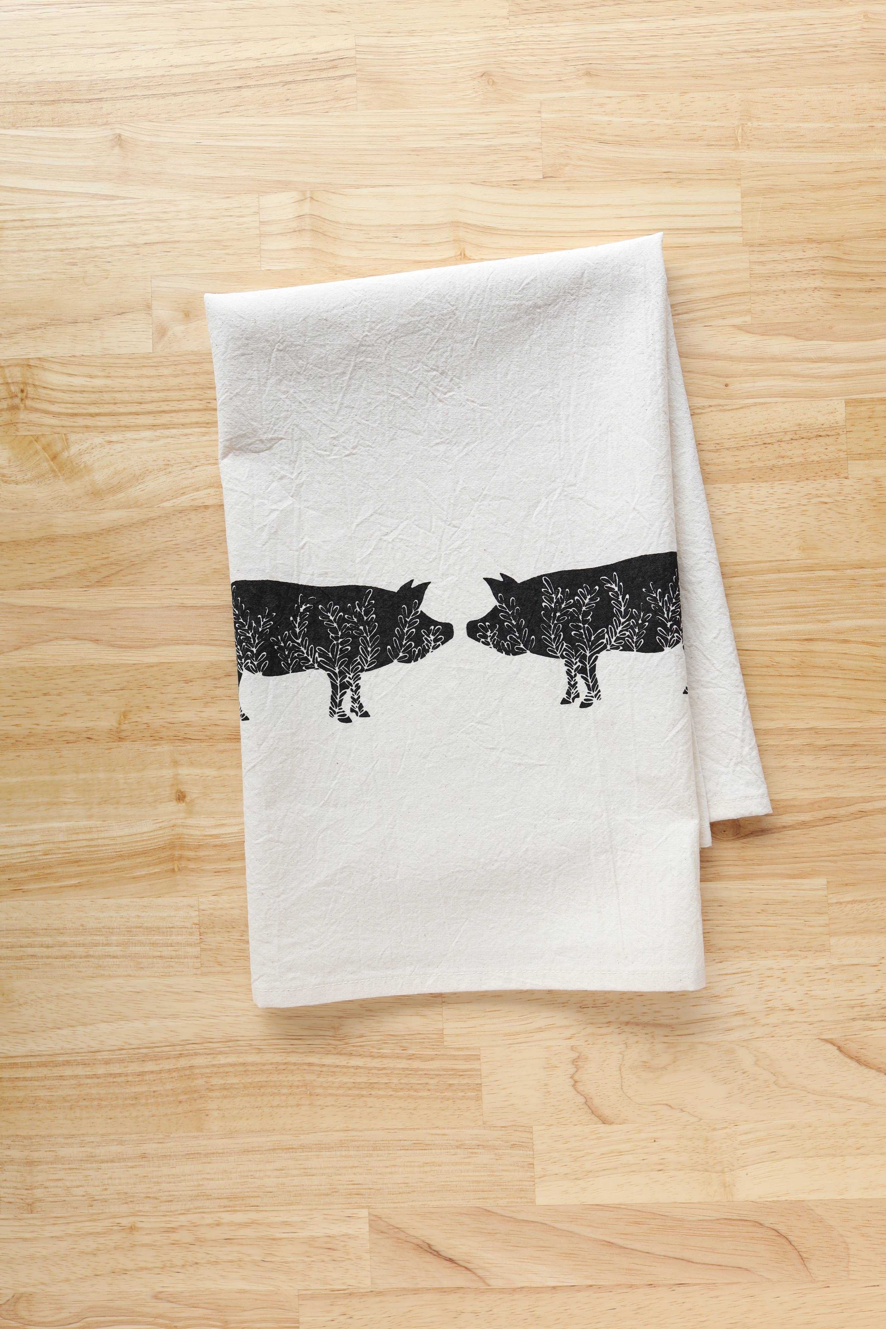 Pig Kitchen Towel, Handprinted Pig Tea Towel, Farm Towel