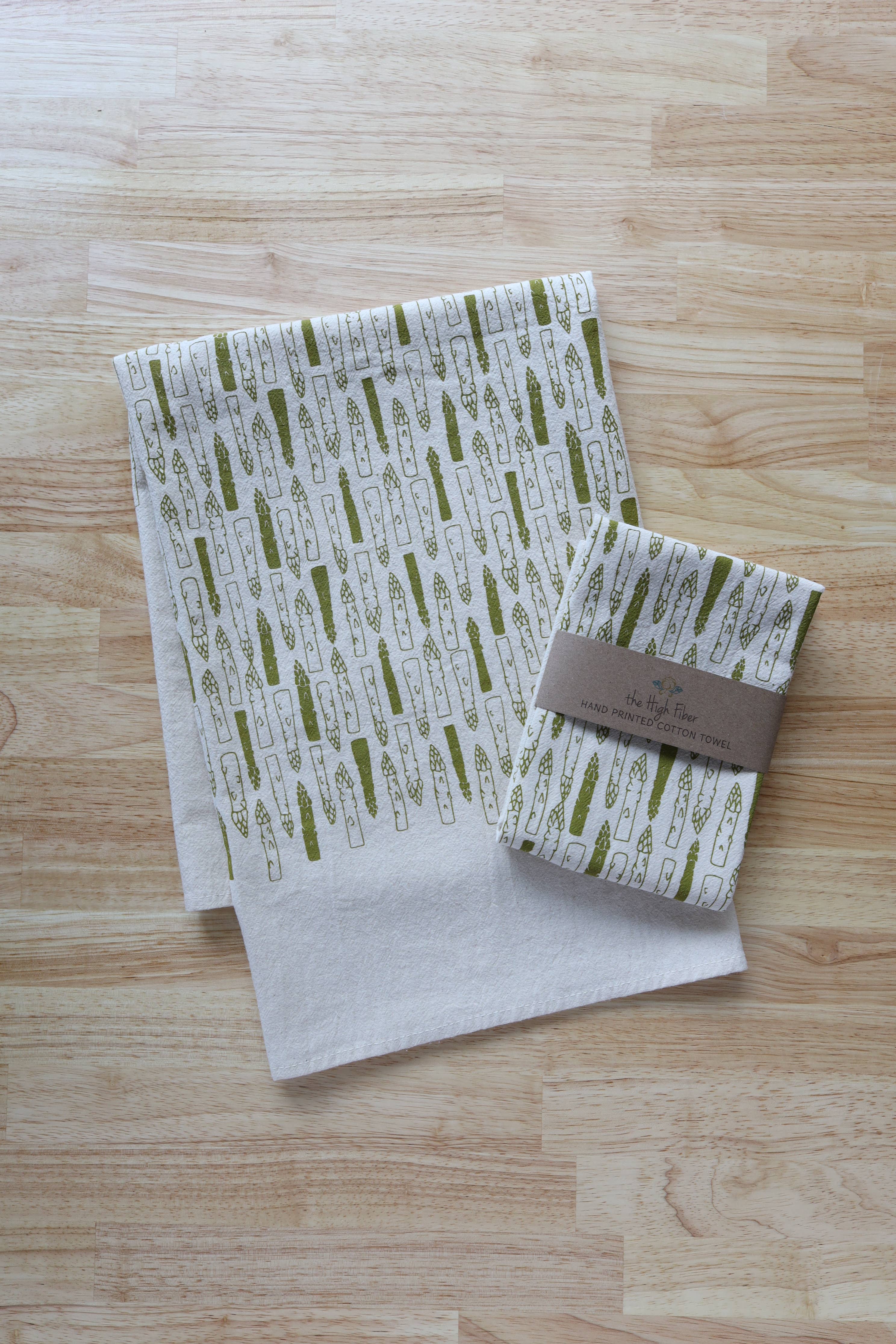 Asparagus Cotton Kitchen Towel, Handprinted Tea Towel