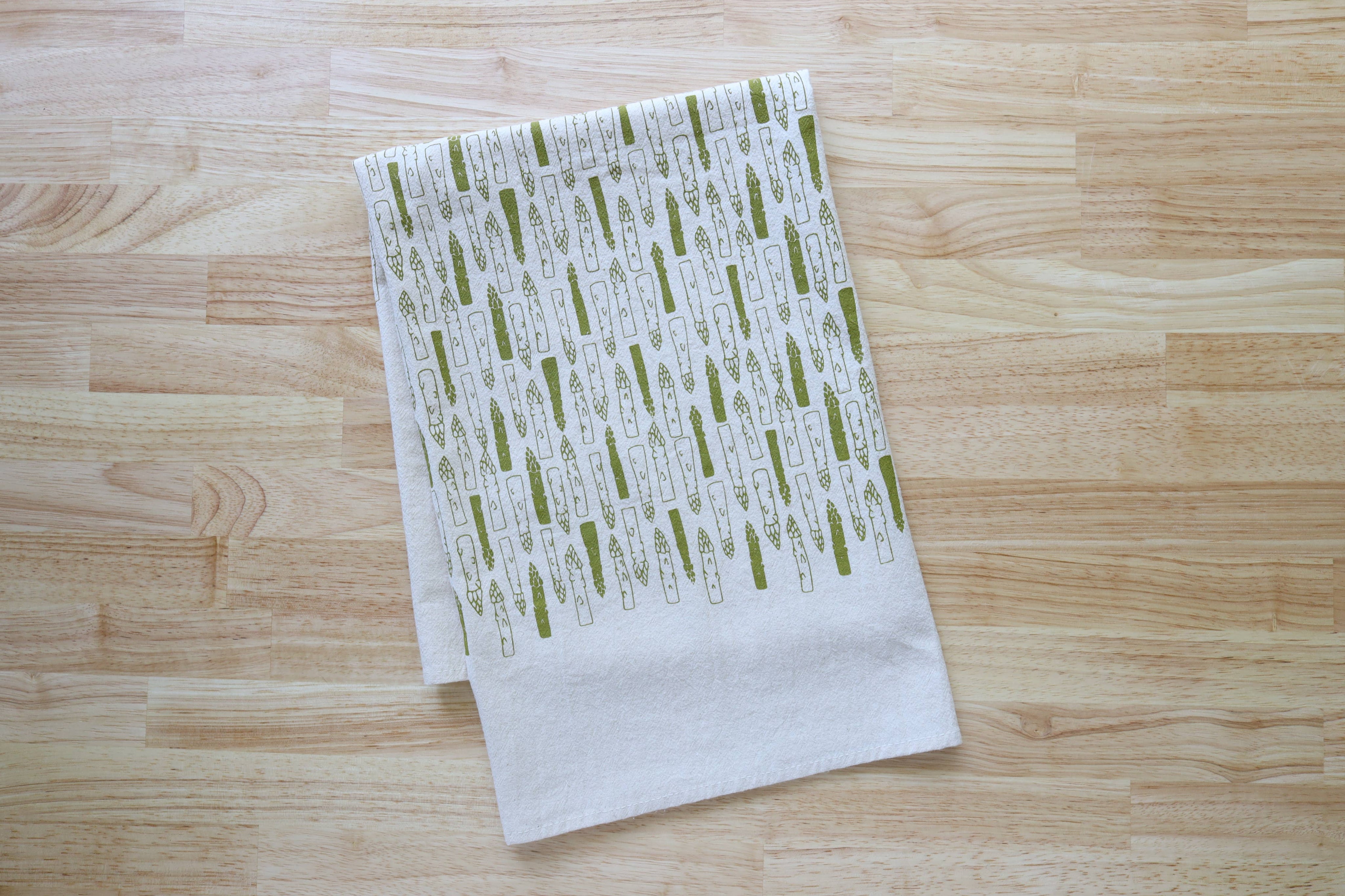 Asparagus Cotton Kitchen Towel, Handprinted Tea Towel