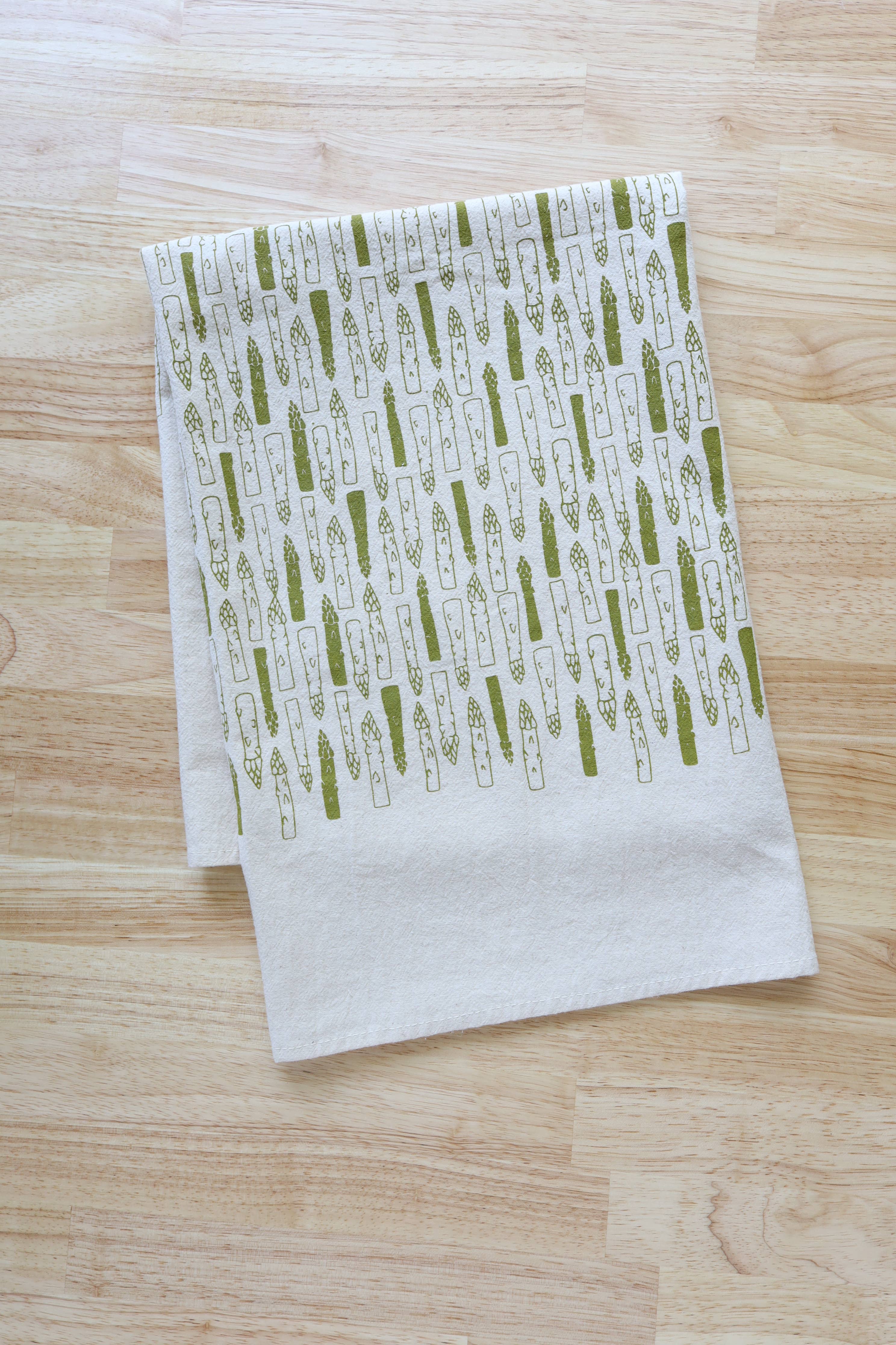 Asparagus Cotton Kitchen Towel, Handprinted Tea Towel