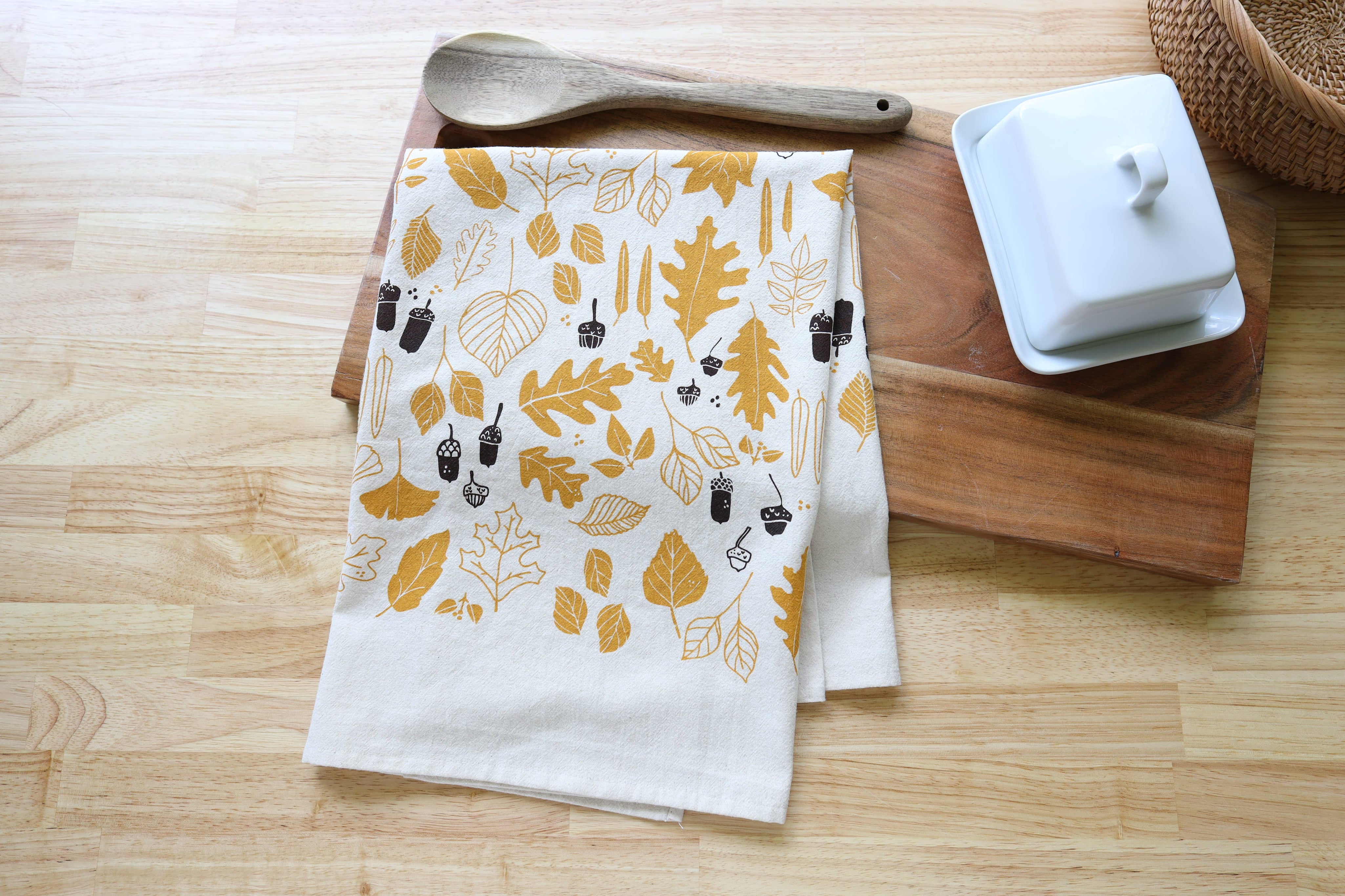Autumn Leaves and Acorns Kitchen Towel, Handprinted 