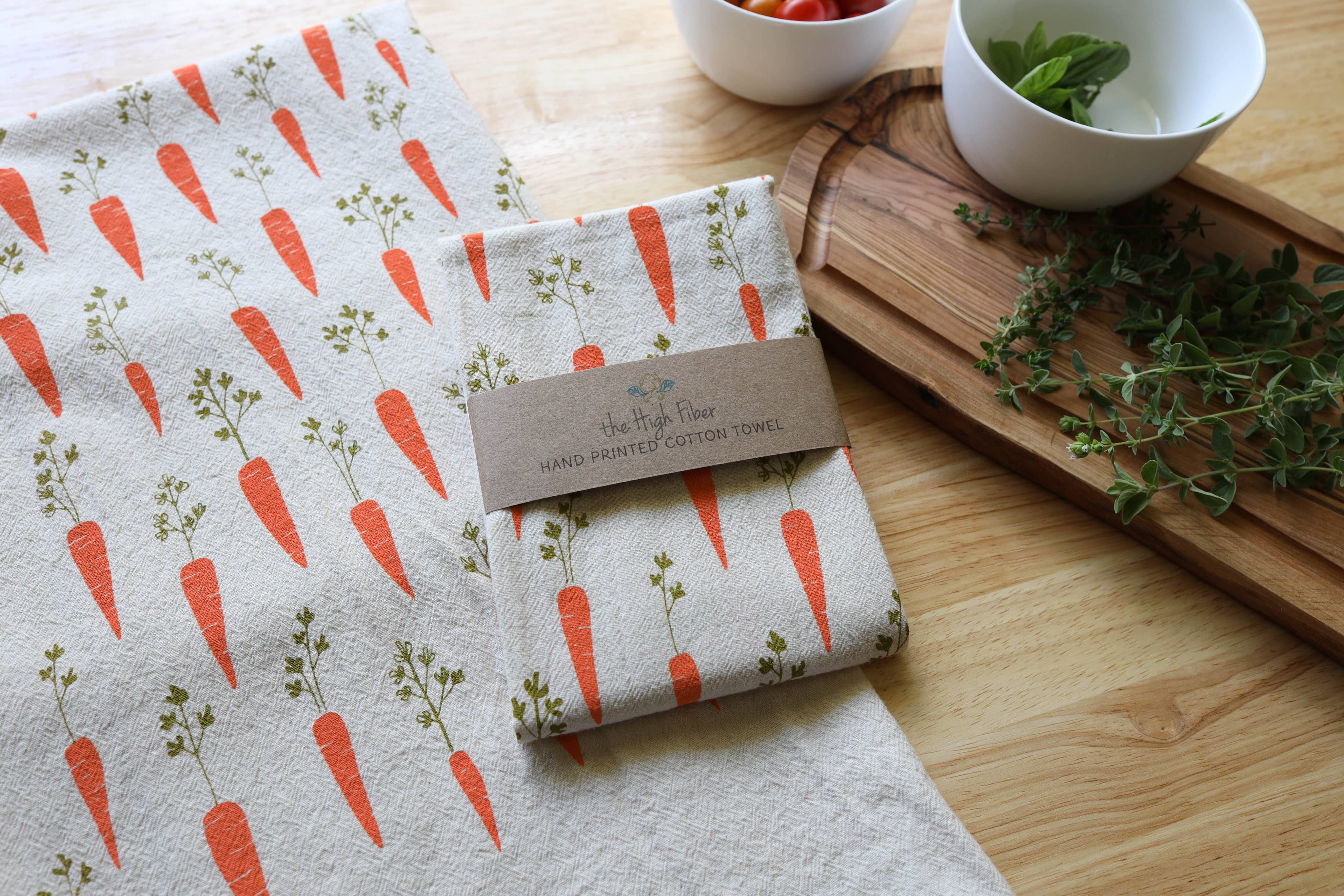 Carrot Kitchen Towel, Handprinted Garden Tea Towel