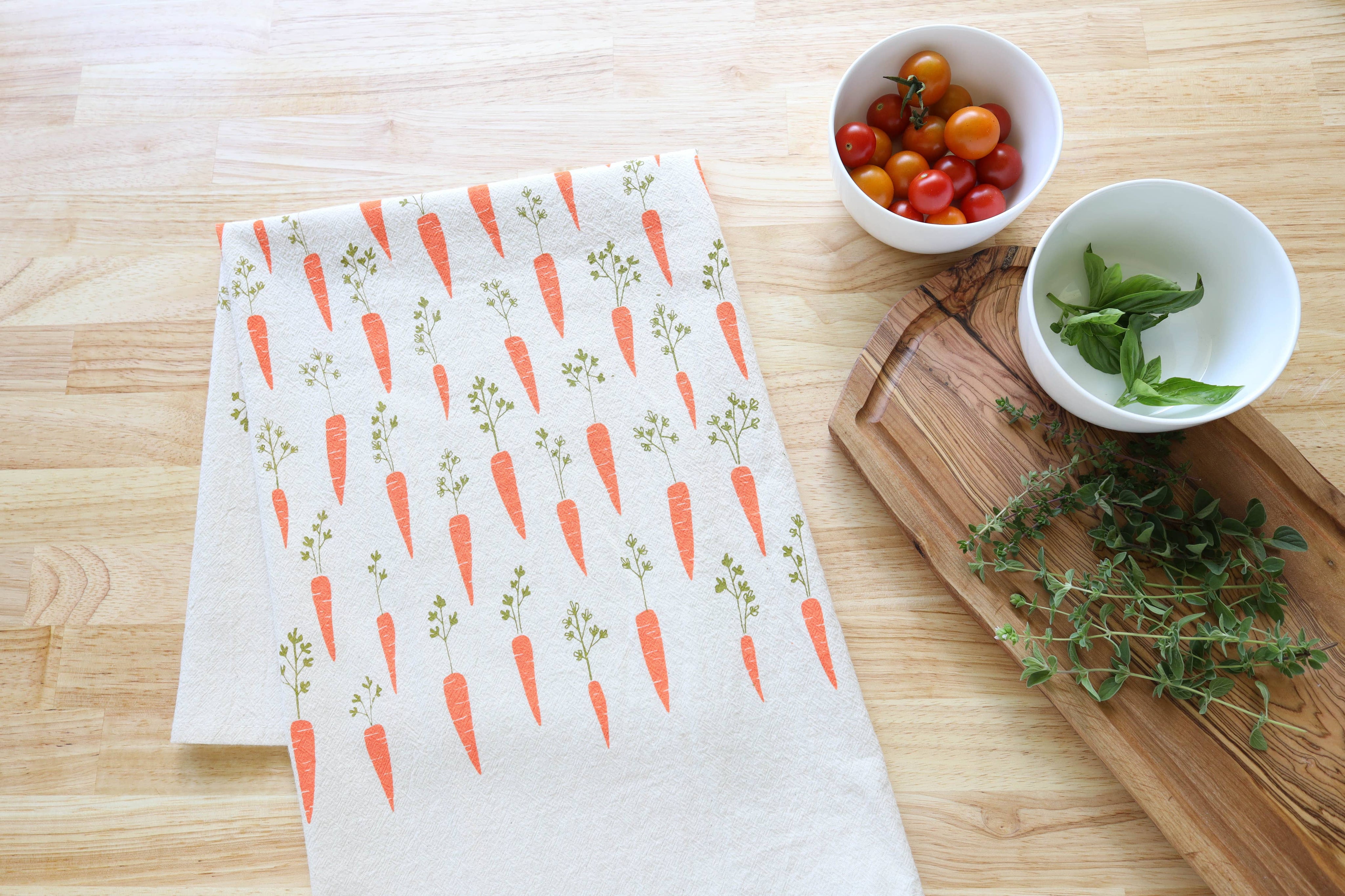Carrot Kitchen Towel, Handprinted Garden Tea Towel