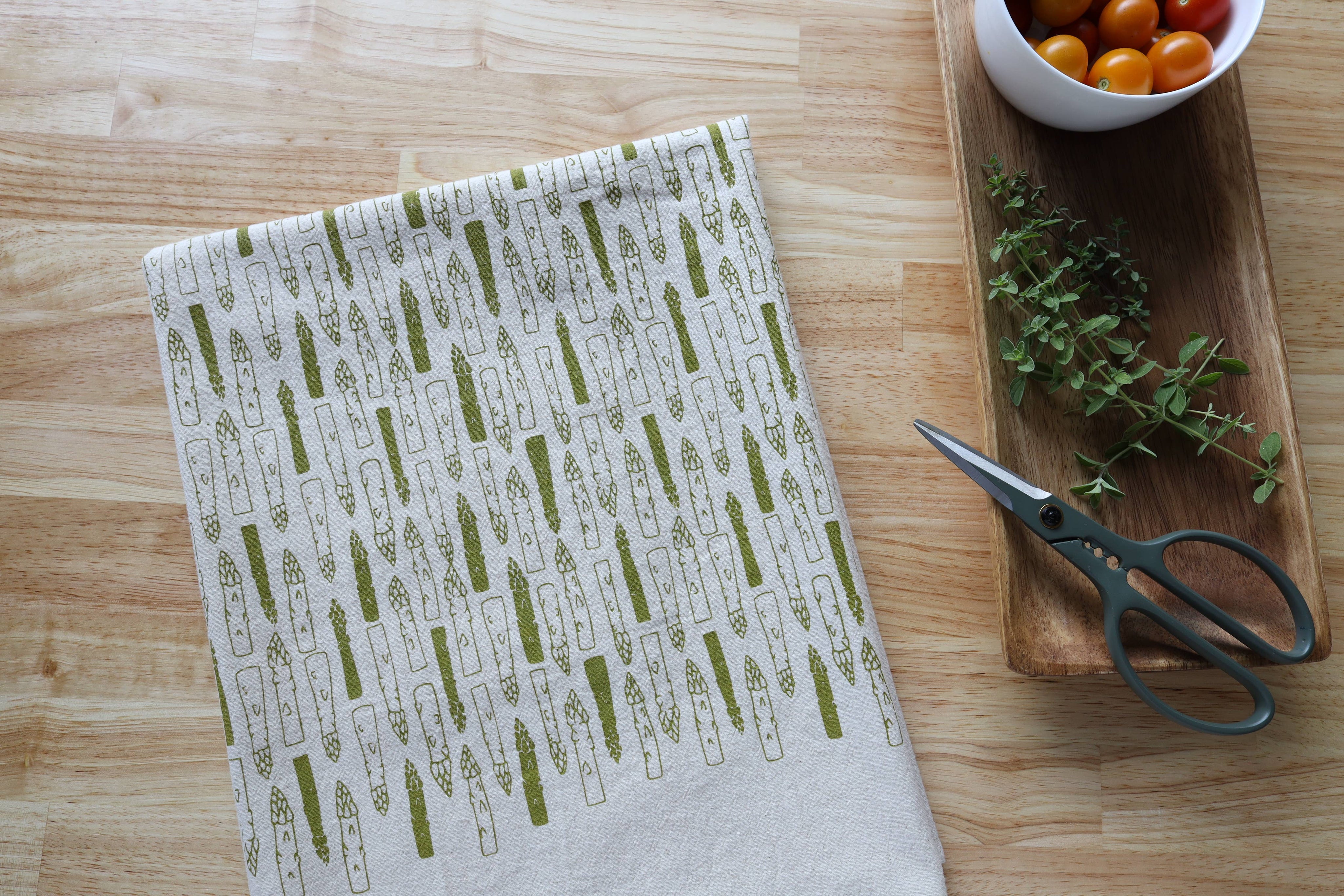 Asparagus Cotton Kitchen Towel, Handprinted Tea Towel