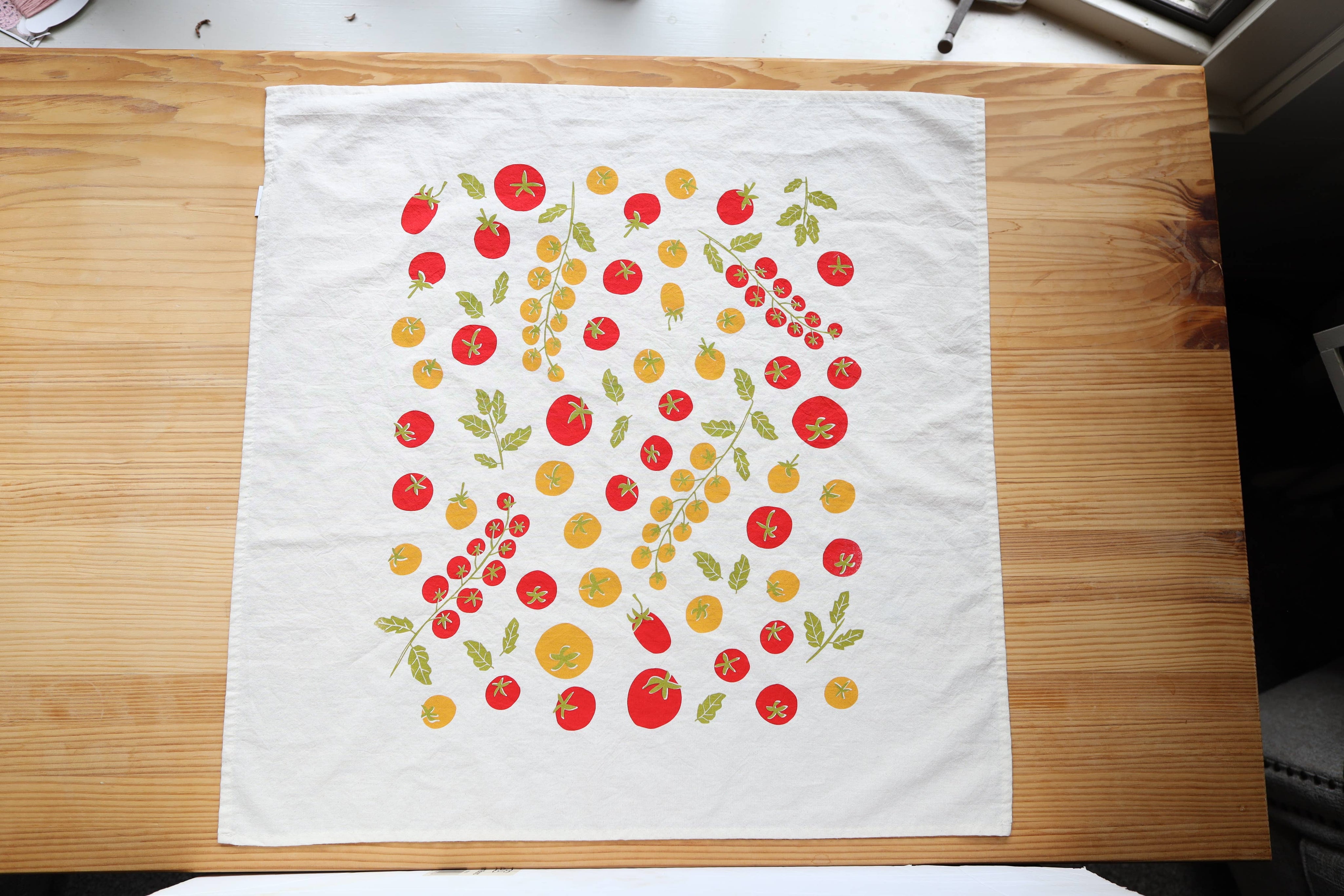 Tomato Tea Towel, Handprinted in USA, Natural Cotton