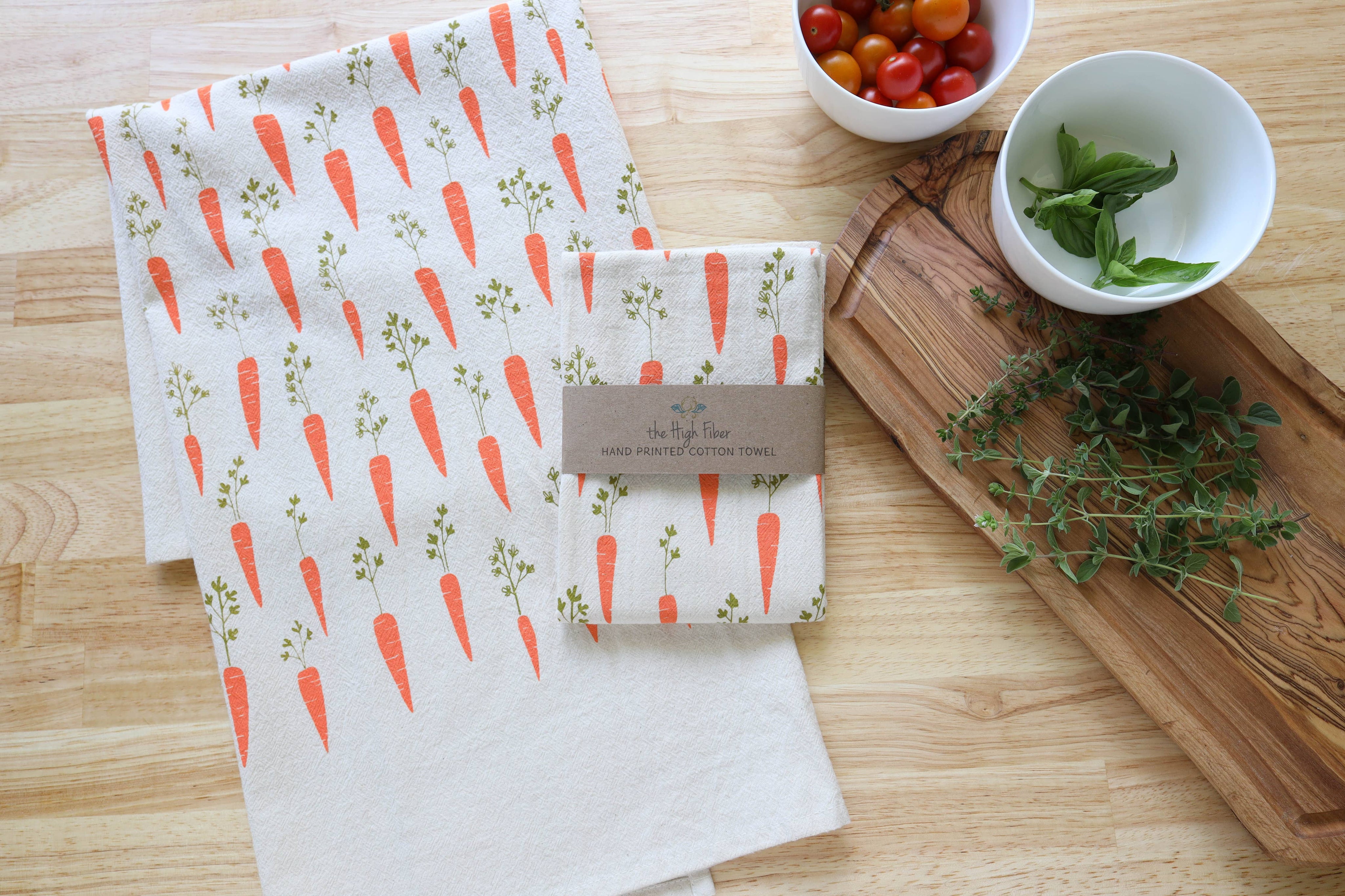 Carrot Kitchen Towel, Handprinted Garden Tea Towel