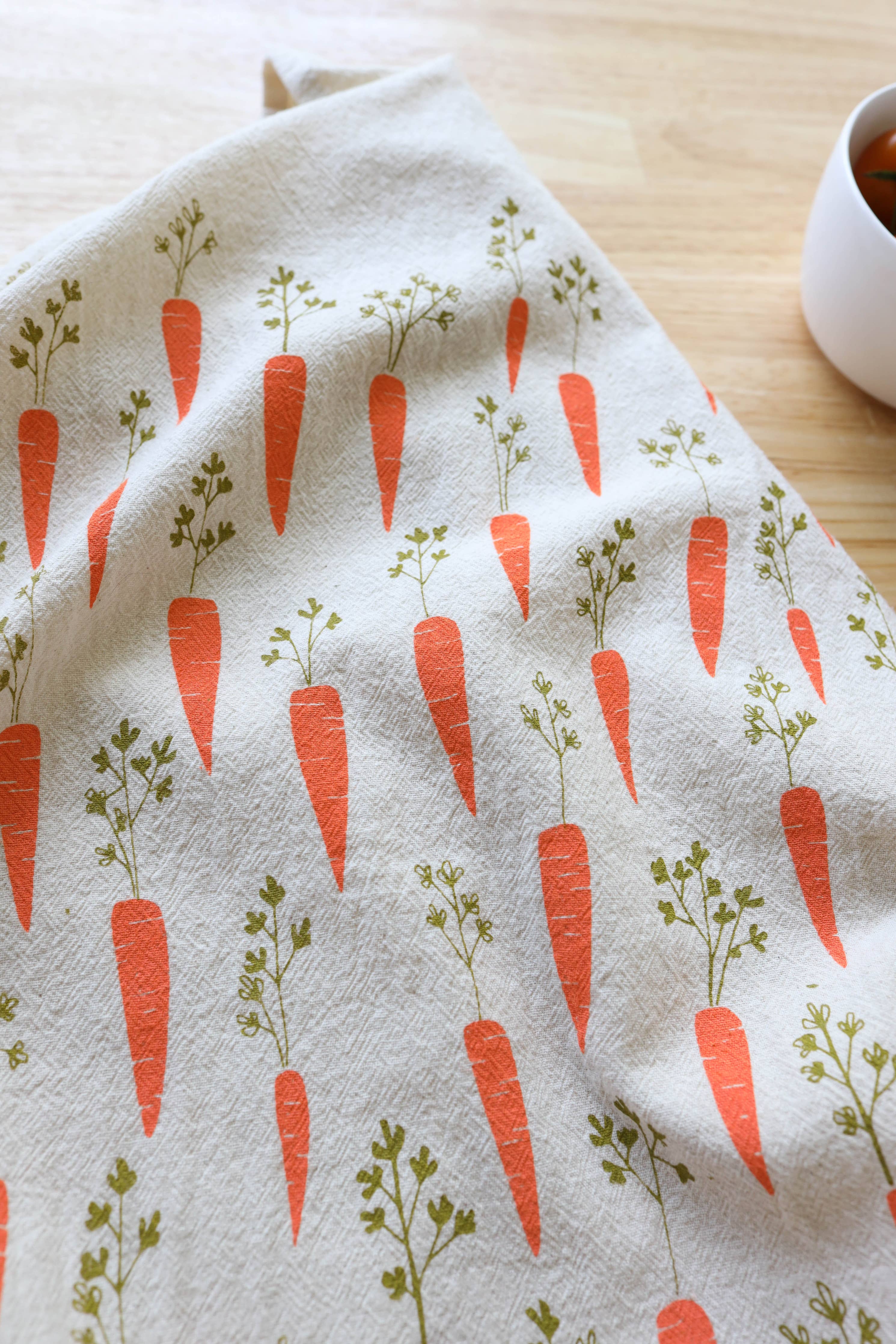 Carrot Kitchen Towel, Handprinted Garden Tea Towel