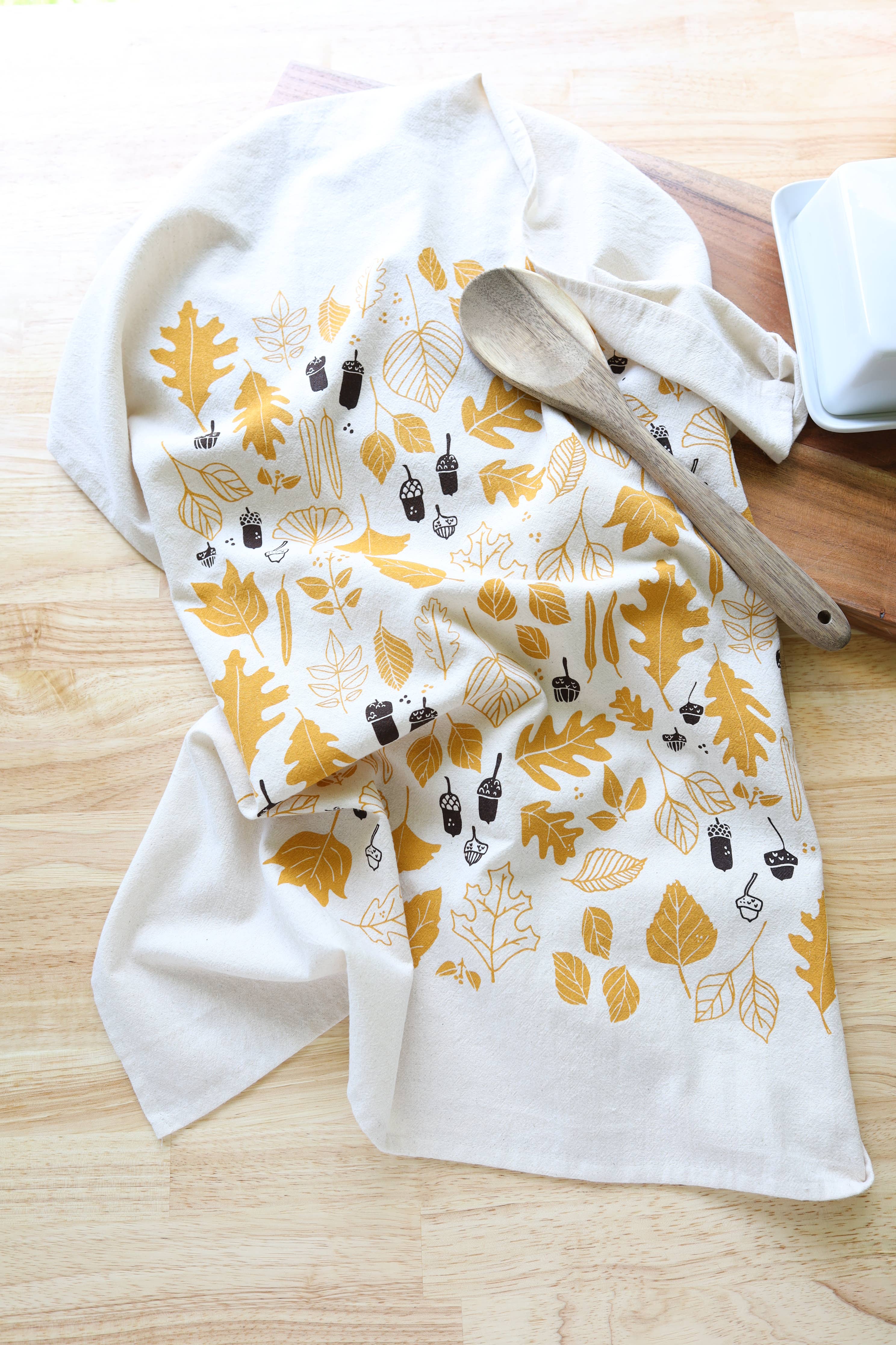 Autumn Leaves and Acorns Kitchen Towel, Handprinted 
