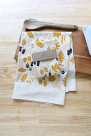 Autumn Leaves and Acorns Kitchen Towel, Handprinted 