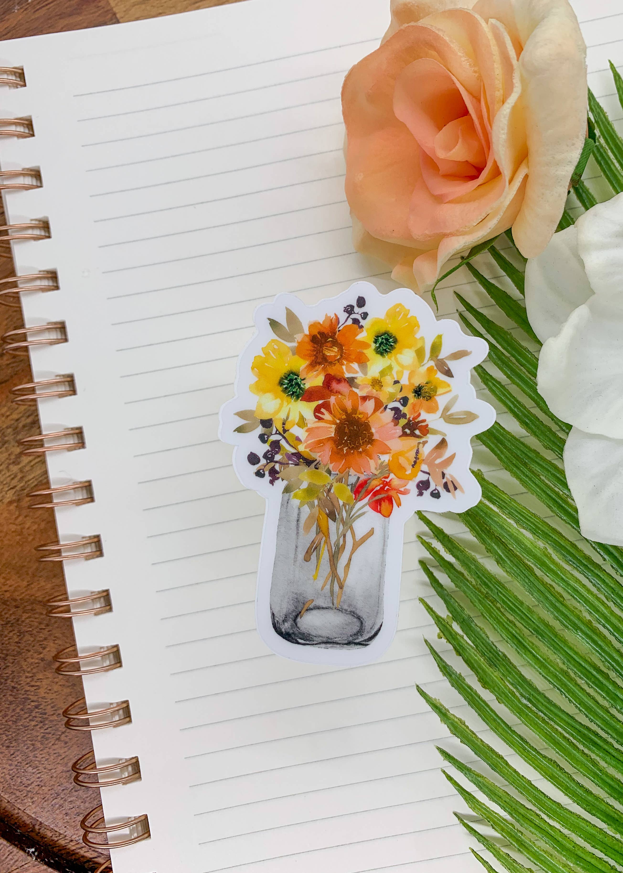 Yellow Floral Mason Jar, Clear Vinyl, Sticker, 3x3 inch